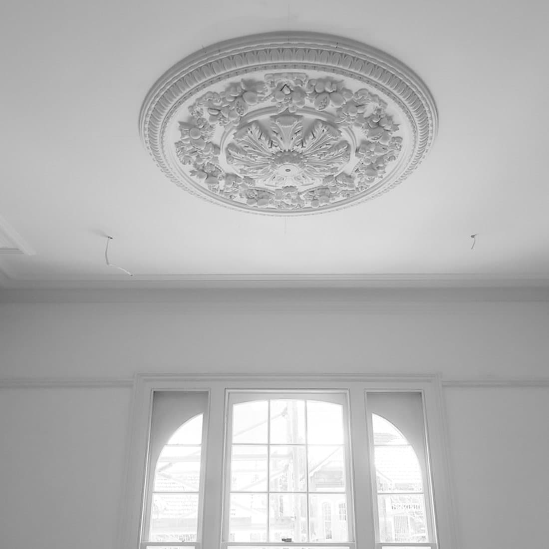 Ornate plaster ceiling rose, restored by hand
